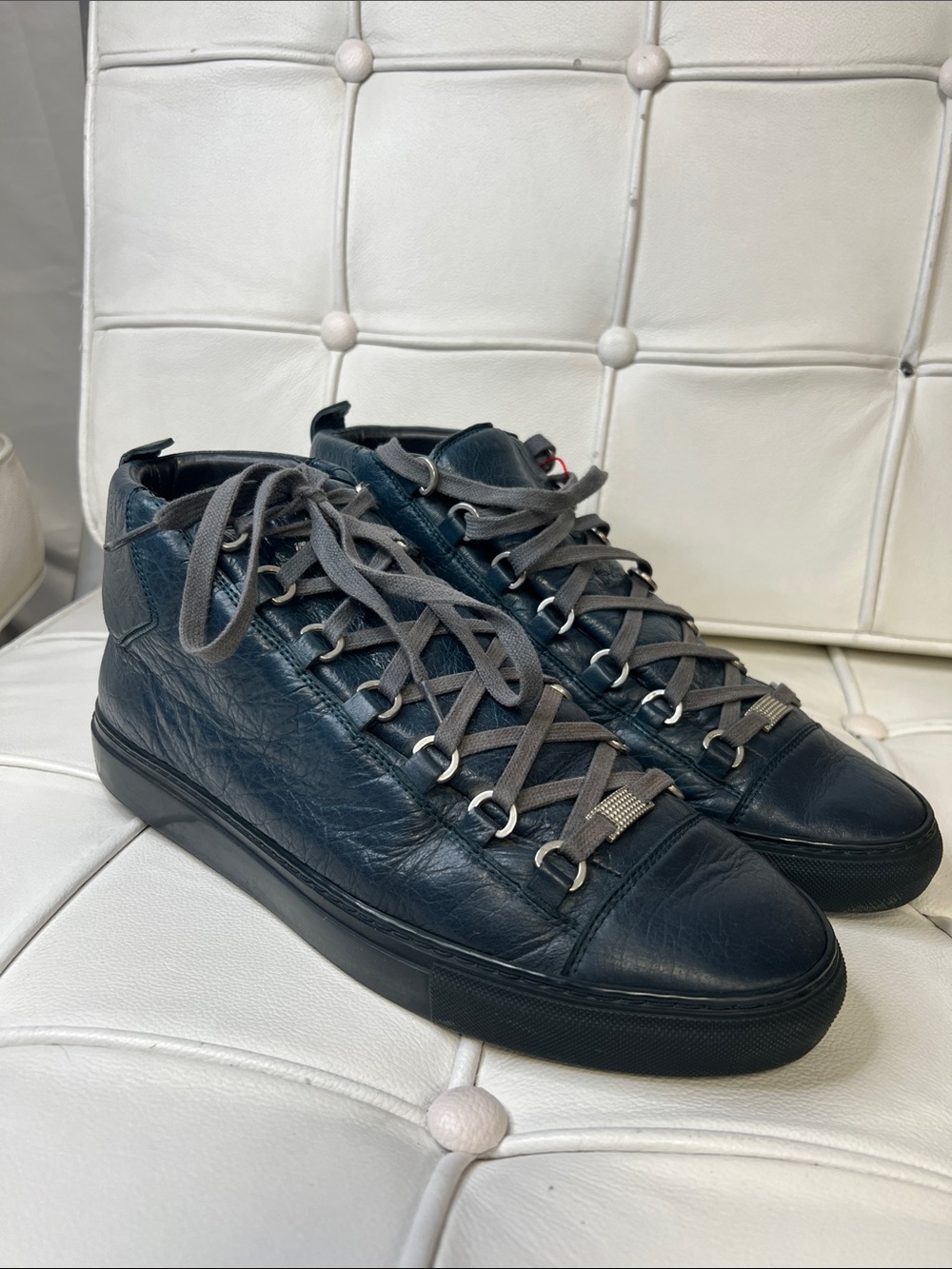 Balenciaga Navy and Gray Leather High-Top Sneakers
